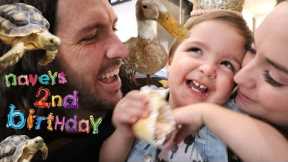 NAVEY 2nd BiRTHDAY!!  Farm Animals Surprise Party, hiding presents, & bday balloons morning routine
