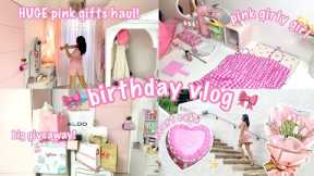 productive birthday vlog + HUGE pink gifts haul🎀✨package giveaway, pretty cake, girly aesthetic🛼