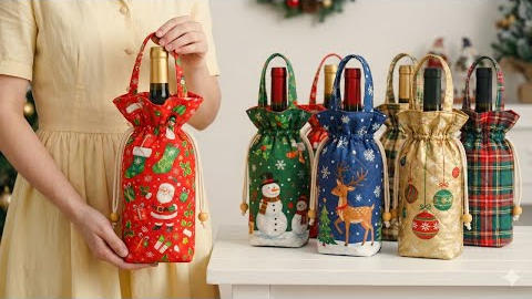 Ideas for sewing super cute wine bottle pouches of christmas 🎄 Gift Sewing Ideas 🎄