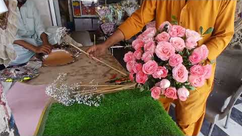 How to Make Artificial Flowers Bouquet with Pink Roses, Babybreaths and Ribbon for Wedding Tutorial